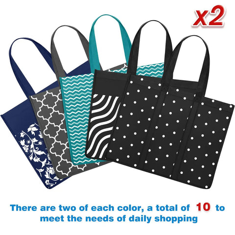 10 Pack Reusable Grocery Bags For Shopping And Picnics With 35L Large Capacity Heavy Duty Waterproof Tote Bags assorted color designs