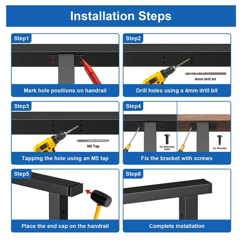 Installation steps for 8 Ft Stainless Steel Cable Railing Handrail With Black Flat Top Rectangular Profile And End Caps