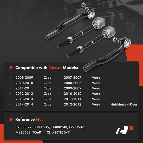Front Inner Outer Tie Rod End Kit For Nissan Cube 2009 2014 And Versa 2007 2012 Hatchback Replacement Steering Linkage Bolt On Easy Install Tightens Loose Steering And Eliminates Play, black steel kit