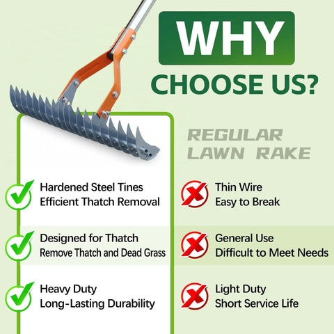 Comparison chart highlighting 74 Inch Heavy Duty Metal Dethatcher Rake With Hardened Steel Tines for lawn care advantages over regular rakes.