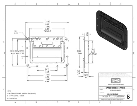 Technical drawing of four pack large spring loaded recessed steel handles with black powder coat and padded rubber grip for case chest box cabinet and speaker enclosures.