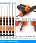 Slick Ten Piece Magnetic Torx Screwdriver Set With T2 Through T15 Security Drivers and Hollow Tips displaying precision tips.