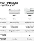 Comparison chart between HP DeskJet 2855e and DeskJet 4255e Wireless All-In-One Color Inkjet Printer For Home Use with features.