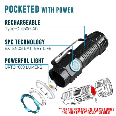 Rechargeable Compact EDC Flashlight With Clip, Beefy 1000 Lumen Tactical Torch For Camping, Hiking, Emergency, Power Outage, Aluminum Body