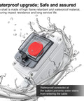 Red IP67 Emergency Stop Button Switch Box With Protective Cover For Outdoor Use Built Tough Waterproof Anti-Misoperation Pushbutton suitable for AC DC 6A-110V 3A-240V 2.5A-380V 154x80x11mm, close-up view with splashing water.