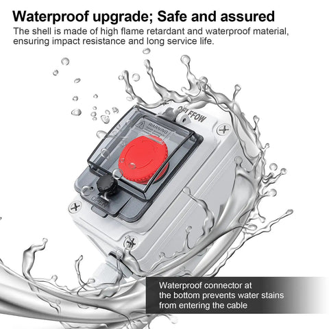 Red IP67 Emergency Stop Button Switch Box With Protective Cover For Outdoor Use Built Tough Waterproof Anti-Misoperation Pushbutton suitable for AC DC 6A-110V 3A-240V 2.5A-380V 154x80x11mm, close-up view with splashing water.