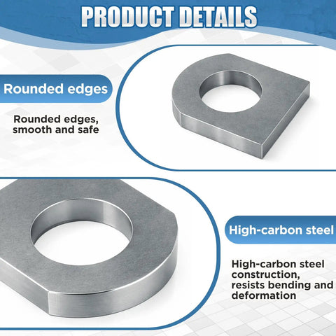 Product details showing 6 Pack Dang Tough Weld On Shackle Clevis Mounts 3 8 Inch Thick Heavy Duty Steel Brackets with rounded edges.