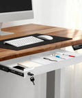 No Sweat Under Desk Drawer Storage With Heavy Duty Steel Tray And Secure Copper Lock For Papers Laptops And Pencils Plus Silent Ball Bearing Slides, featuring a white steel organizer under a desk.