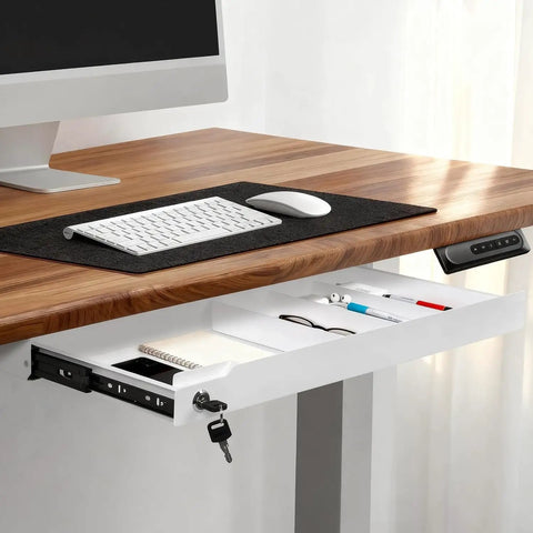 No Sweat Under Desk Drawer Storage With Heavy Duty Steel Tray And Secure Copper Lock For Papers Laptops And Pencils Plus Silent Ball Bearing Slides, featuring a white steel organizer under a desk.