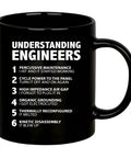 Black ceramic mug with engineering humor text, product: Funny Engineer Gifts Ceramic Mug 11 Oz Black For Engineers Engineering Students Teachers Dads Boyfriends Brothers Husbands From Wife Or Girlfriend The Ultimate Coffee Mug For Work And Class.