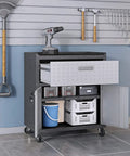Fortress 31.5 Inch Garage Mobile Cabinet In Textured Metal With Full Extension Drawer And 2 Adjustable Shelves open in garage