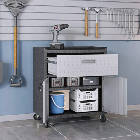 Fortress 31.5 Inch Garage Mobile Cabinet In Textured Metal With Full Extension Drawer And 2 Adjustable Shelves open in garage