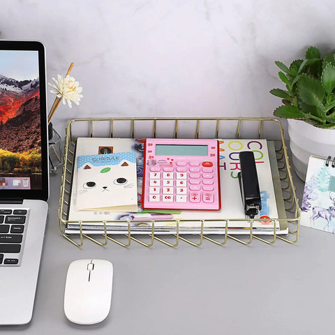 Gold Desk File Tray Organizer For A4 Papers And Documents holding stationery items on a desk