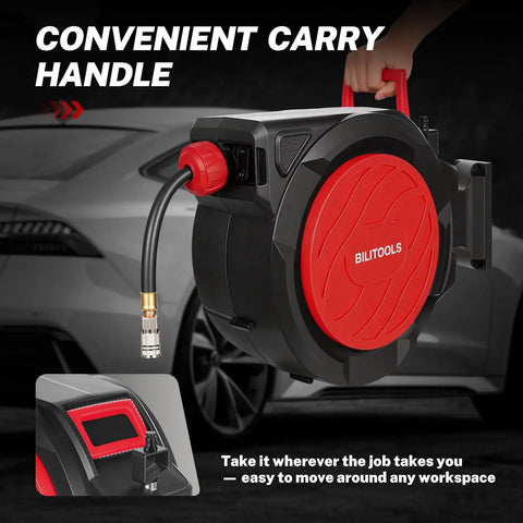 Person holding Retractable Air Hose Reel With Auto Rewind Three Eighths Inch By One Hundred Feet Heavy Duty Hybrid Hose 300 PSI Max