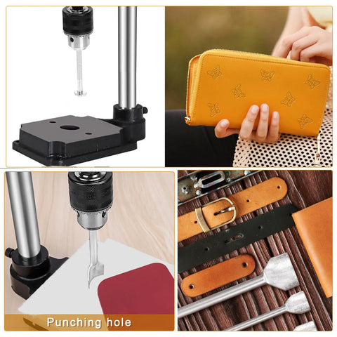 All-In-One Leather Hole Punch Tool For DIY Crafting, Upgraded Hand Punching Machine shown with accessories and usage on leather items.