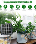 Automatic Drip Irrigation Kit For Pots And Plants With Sun Powered Operation, DIY Watering System shown with potted plants.