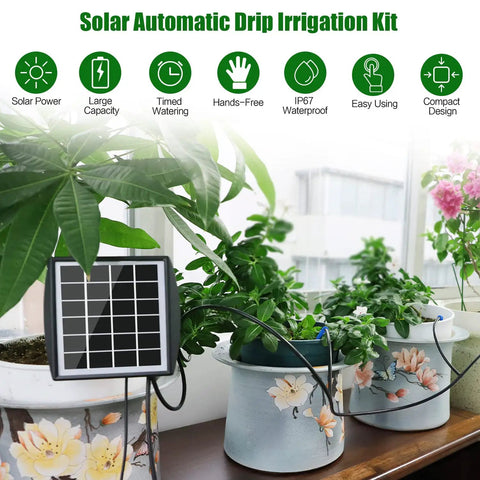 Automatic Drip Irrigation Kit For Pots And Plants With Sun Powered Operation, DIY Watering System shown with potted plants.