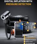Portable Jump Starter With Air Compressor 6000A Peak 12V Jump Box 160 PSI Tire Inflator LED Display showcasing pressure detection features.