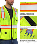 Built Tough Heavy Duty Reflective Safety Vest With 3M Tape And Reinforced Stitching Breathable Yellow Mesh Hella Visible For Construction Crews And Surveyors Zippered Front With Utility Pockets XL features 3M reflective tape and cargo pockets.