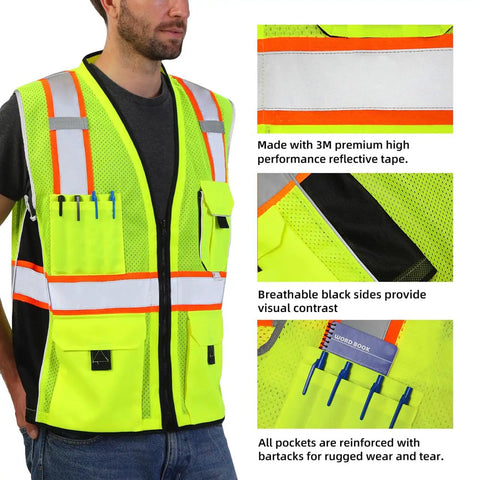 Built Tough Heavy Duty Reflective Safety Vest With 3M Tape And Reinforced Stitching Breathable Yellow Mesh Hella Visible For Construction Crews And Surveyors Zippered Front With Utility Pockets XL features 3M reflective tape and cargo pockets.