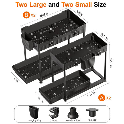 Four Pack Two Tier Under Sink Organizer With Hassle Free Slide Out Drawers For Bathroom Vanities And Kitchen Cabinets heavy duty black storage rack with two large and two small tiers