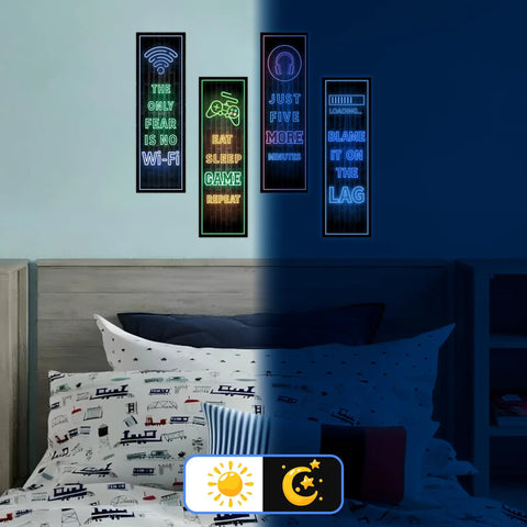Glow In The Dark Gamer Wall Decals Four Piece Set Featuring Joystick Controller Stickers For Boy Bedroom And Kids Playroom Decor Blue Color, Easy Peel And Stick, Durable Vinyl, Nighttime Shine For Dreamy Gaming Vibes on bedroom wall at night