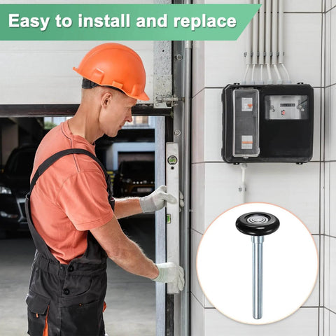 Two Pack Nylon Garage Door Rollers 1.8 Inch Squeak Free Quiet Wheels With 108mm Stem High Load 6200zz Sealed Eight Ball Precision Bearings For Residential Commercial Overhead Doors Barn And Warehouse Replacement, shown with installation context.