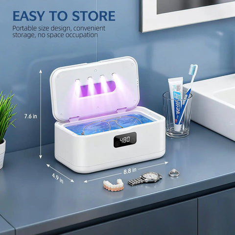 50kHz Ultrasonic Jewelry Cleaner with UV Light, 24oz stainless steel tank on counter with toothbrush and accessories