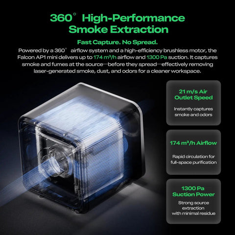 Falcon AP1 Mini Smoke Purifier for Laser Engravers, 360-degree intake, high-performance desktop fume extractor illustration