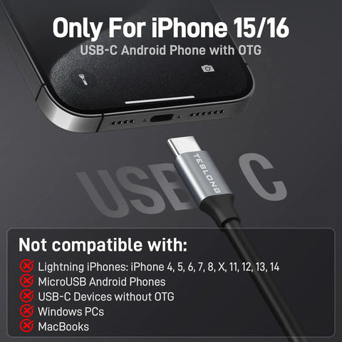 USB-C connector for iPhone and Android use with 50 Foot USB C Borescope Camera With Built In Light For iPhone Android.