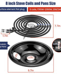 Image showing 8 Piece Porcelain Drip Pans And Electric Stove Burner Replacement Set with 8 inch stove coil and porcelain pan dimensions.