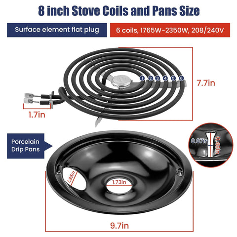 Image showing 8 Piece Porcelain Drip Pans And Electric Stove Burner Replacement Set with 8 inch stove coil and porcelain pan dimensions.