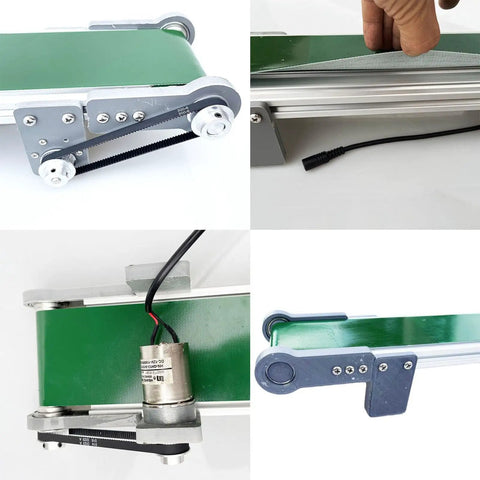 Plug And Play Mini Electric Belt Conveyor For Desktop Use With PVC Belt, 50 Or 70 Cm Length, detailed view of components