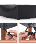 Heavy Duty Waterproof Patio Furniture Cover For Outdoor Sectional Sofa Set And Table And Chair Set 89.7 Inch Long 62.2 Inch Wide 28.3 Inch High Built To Last All Weather Protection For Deck And Patio showing drawstring and strap buckles