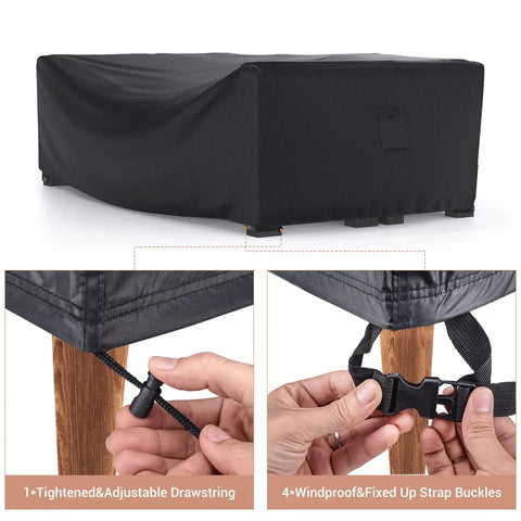 Heavy Duty Waterproof Patio Furniture Cover For Outdoor Sectional Sofa Set And Table And Chair Set 89.7 Inch Long 62.2 Inch Wide 28.3 Inch High Built To Last All Weather Protection For Deck And Patio showing drawstring and strap buckles