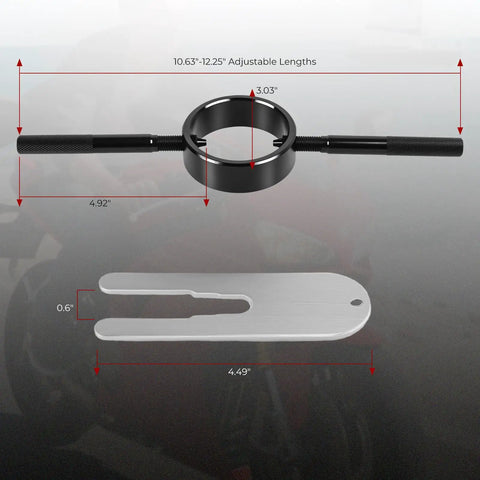 Motorcycle Fork Service Tool Kit With Spring Compressor And Oil Level Gauge dimensions illustration with measurements