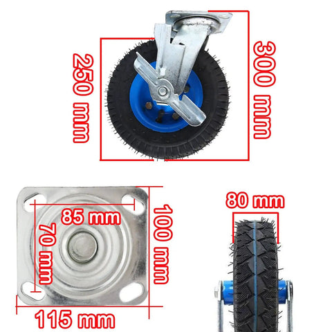 Badass Heavy Duty Industrial Caster Wheels With Two Swivel Brakes And Smooth Roll Solid Eight Or Ten Inch Setup angled view showing dimensions.