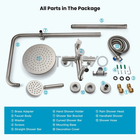 Stainless Steel Shower Faucet Set Wall Mounted With All In One Triple Function System 8 Inch Rainfall Shower Head Handheld Spray Brushed Nickel Finish parts layout