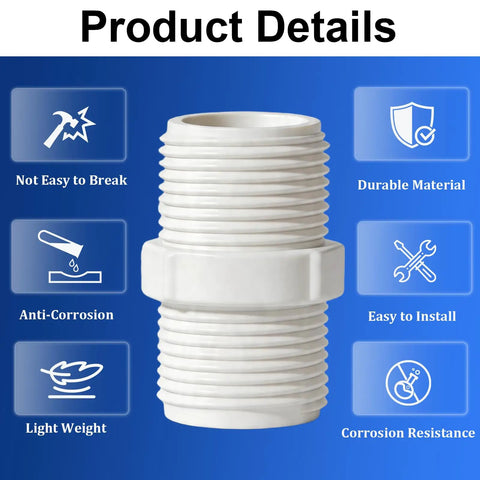 3/4 Inch PVC Pipe Fitting Hex Nipple G Three Fourth Male To G Three Fourth Male Thread Coupling Connector For Plumbing Schedule 40 Garden Hose Thread DIY Projects Home Or Industrial Use Durable PVC white threaded connector