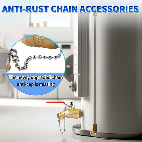 Lead-Free Brass Water Heater Drain Valve With 3/4 In NPT Inlet And 3/4 In GHT Outlet shown on heater with anti-loss cap chain
