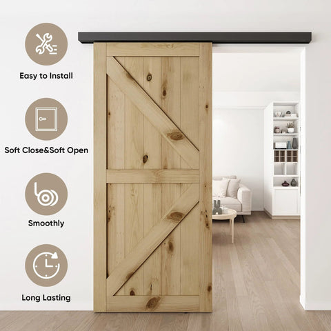 Six Foot Sliding Barn Door Hardware Track Kit Aluminum Box Rail Wall Mount supporting wooden interior door with soft-close.