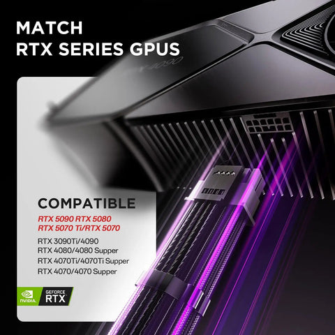 12VHPWR PCIe 5.0 PSU Extension Cable Kit for RTX 50 and 40 Series GPUs, showing purple braided cable and compatible GPUs