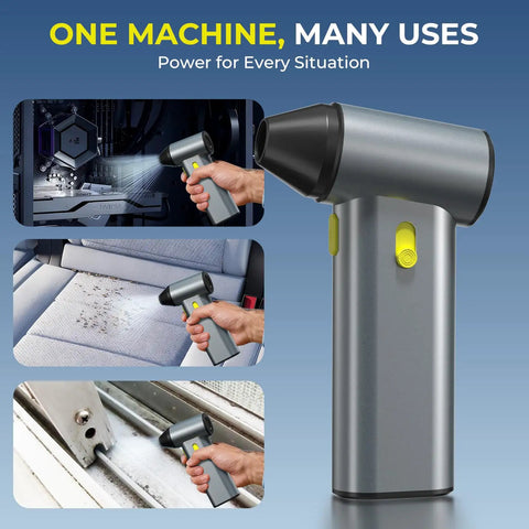 Powerful 130000 RPM Turbo Brushless Air Duster with Aluminum Alloy Body used for cleaning electronics and car interiors.