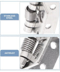 Close-up of stainless steel antirust 1 inch spring door hinges, self-closing with built-in strong spring for small cabinets and wooden boxes.