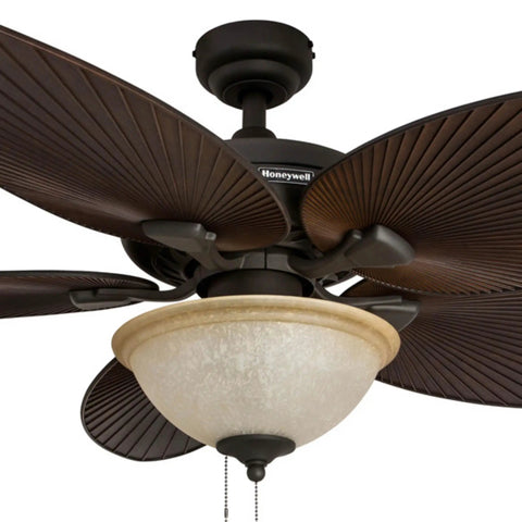 Palm Island 52 Inch Ceiling Fan With Light For Indoor Outdoor Spaces, Dual Mount Tropical LED 5 Palm Leaf Blades, Bronze Finish