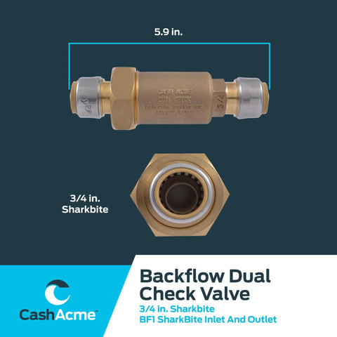 Side view of Cash Acme BF1 dual check valve, 3/4 in push-to-connect brass body with SharkBite fittings
