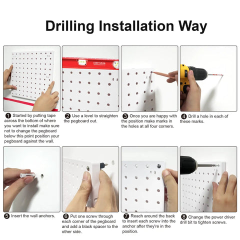 Dope White Pegboard Panels installation instructions showcasing drilling and mounting techniques in six steps.