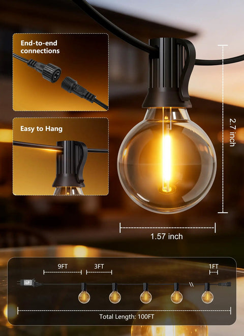 Dimmable Outdoor String Lights With Remote 100Ft Waterproof G40 LED Bulbs Shatterproof Connectable Patio Lighting diagram