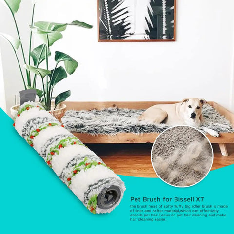 CrossWave X7 Pet Pro Compatible Brush Roller And Filter Set shown near a dog on a bed, ideal for pet hair removal.