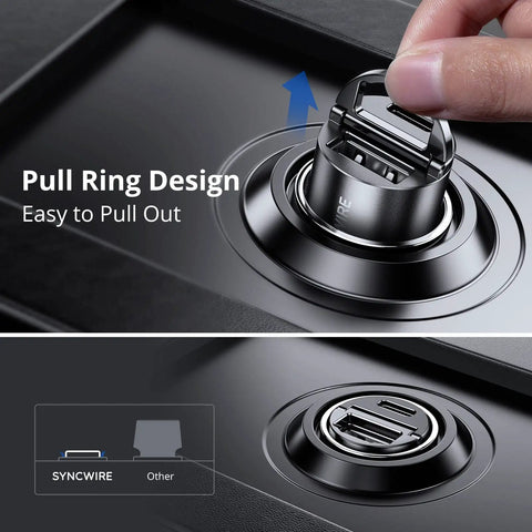 Slick All Metal Usb C Car Charger 60W Dual Pd Qc Port with pull ring design for easy access, installed in a dashboard.